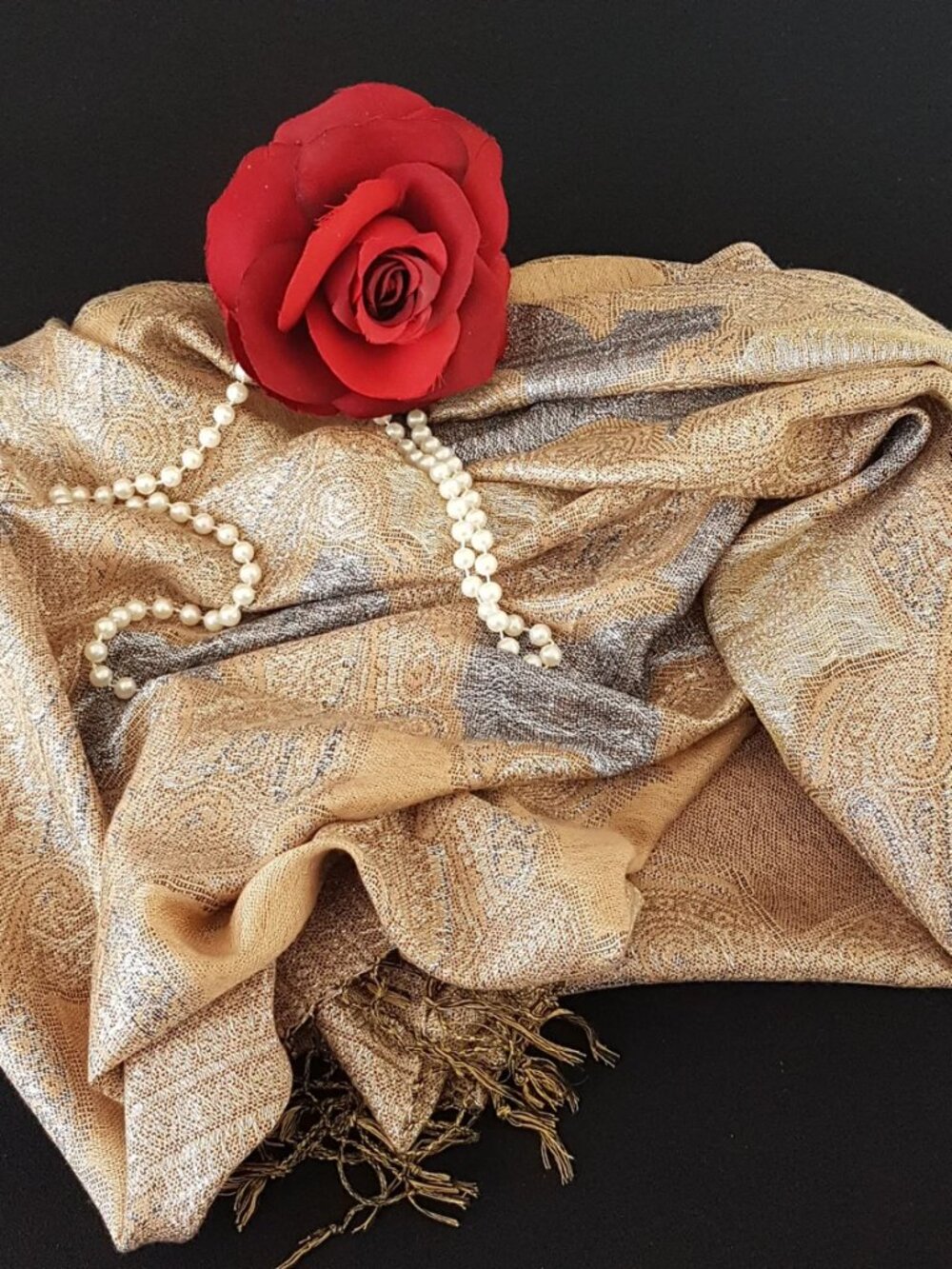 Vtg 100% Pashmina Cashmere Jacquard Paisley Metallic Thread Shimmer Scarf Wrap